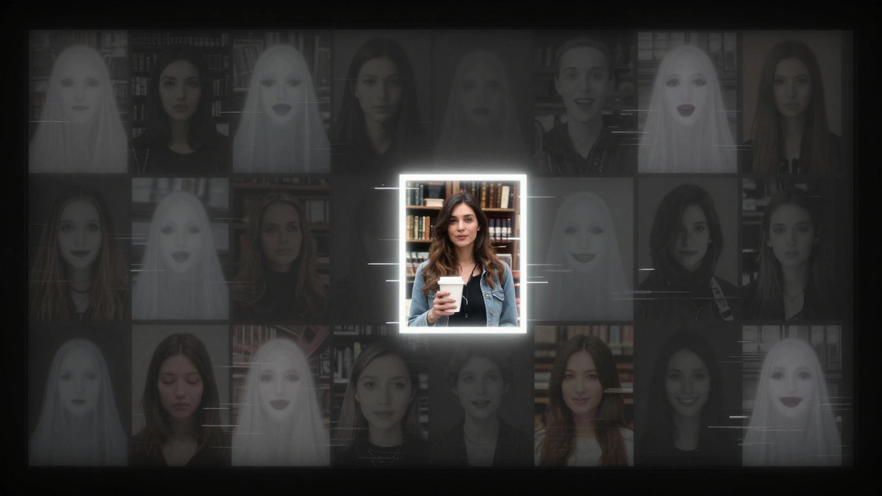 A digital collage of fake escort profiles with one authentic photo glowing at the center.