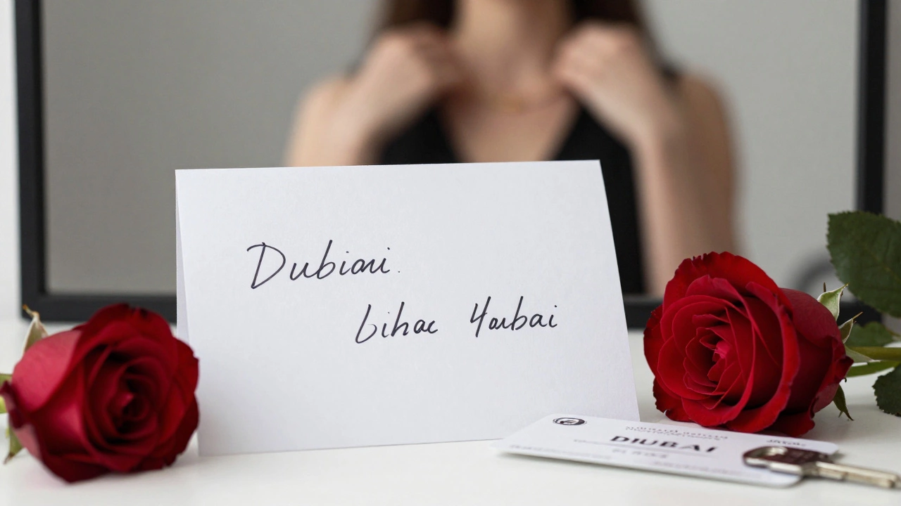A handwritten note and hotel keycard beside a rose, reflecting dignity and discretion in Dubai's escort industry.