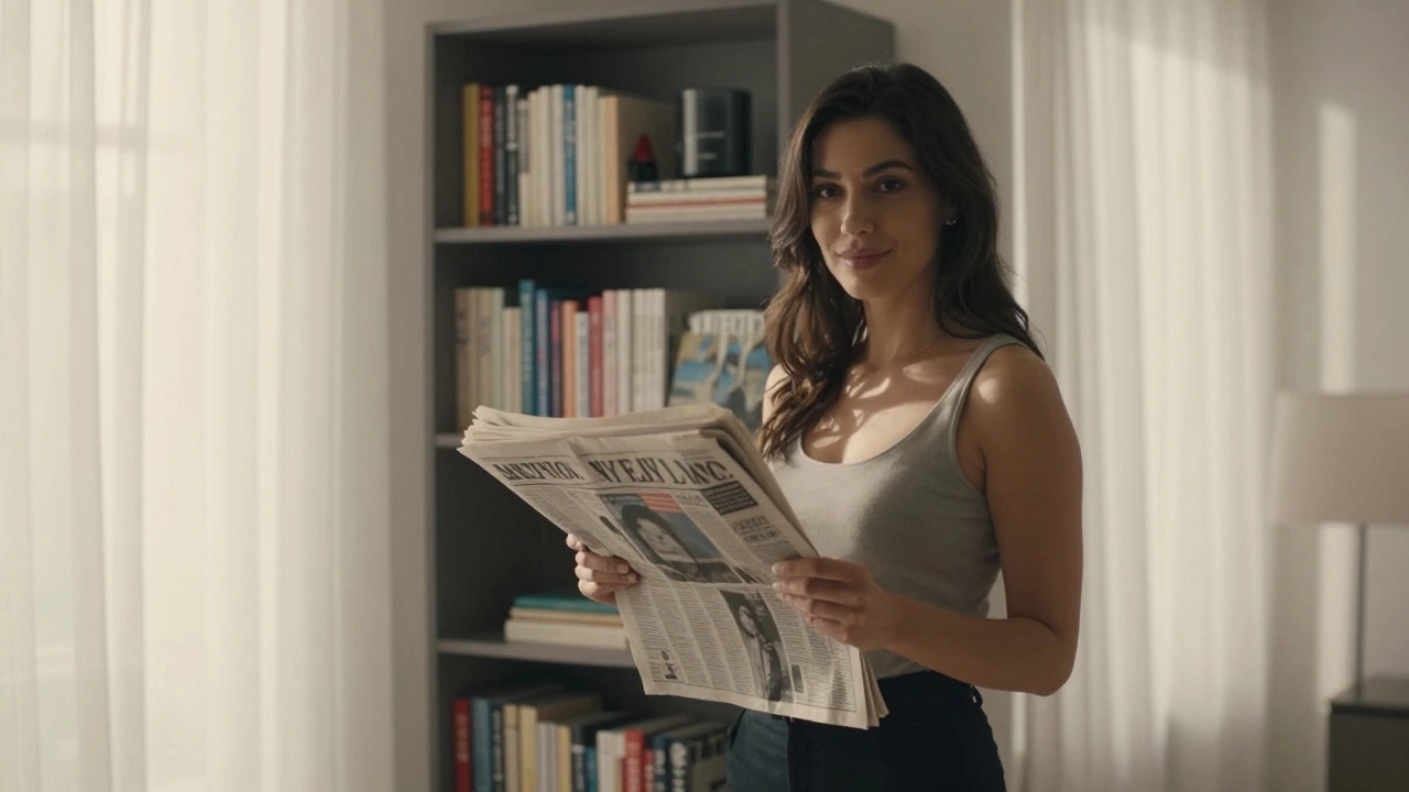 A woman in a Montmartre apartment holding today’s newspaper, surrounded by books and natural light.