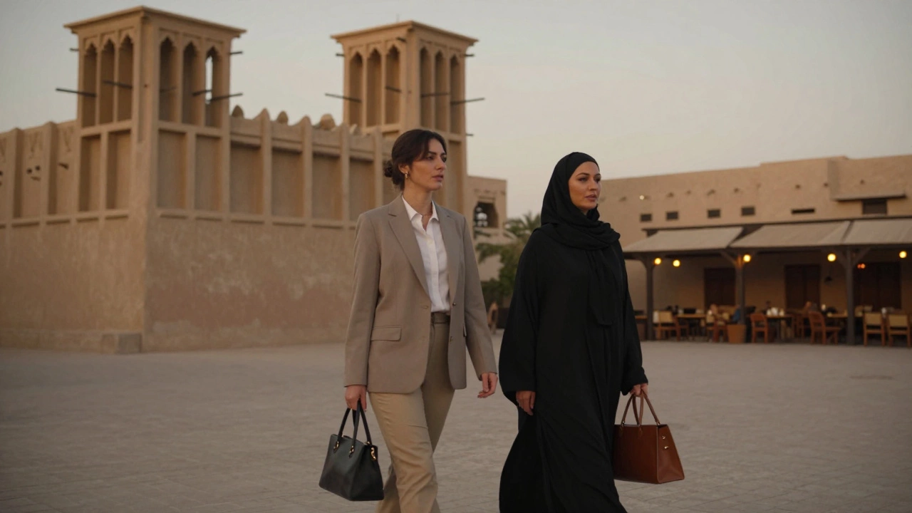 Two professional women walking through Dubai's historic Al Fahidi district at dusk, blending modern style with traditional architecture.
